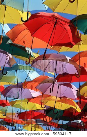Street decorated with colored umbrellas.Madrid, Spain