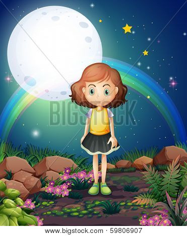 Illustration of a girl standing outdoor under the bright fullmoon