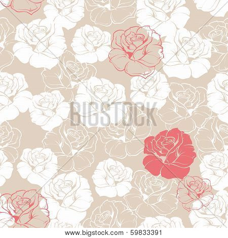 Seamless retro vector floral pattern with classic white and red roses on beige background.