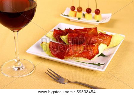Baked Melon With Ham, Parmesan On White Plate, Cheese