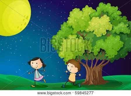 Illustration of a girl and a boy playing under the bright fullmoon
