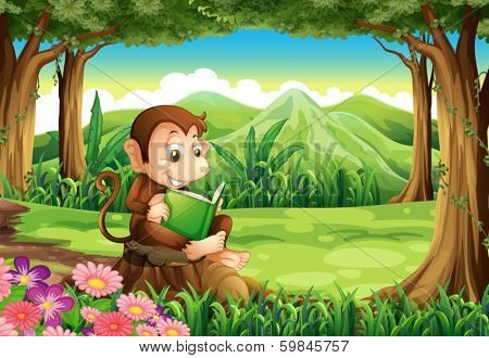 Illustration of a happy monkey sitting above the stump while reading