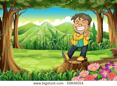 Illustration of a happy young man standing above the stump at the forest