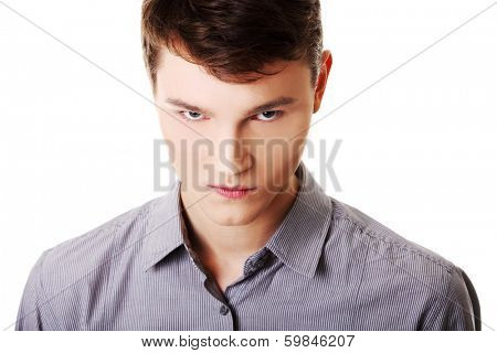Angry businessma portrait, against white background