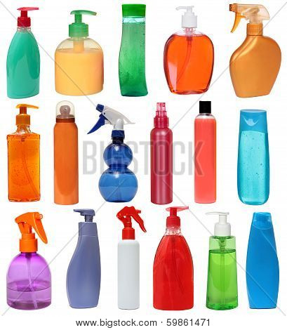 17 colored plastic bottles with liquid soap and shower gel isolated on white background . Studio sho