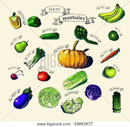 hand-painted vegetables, fruits