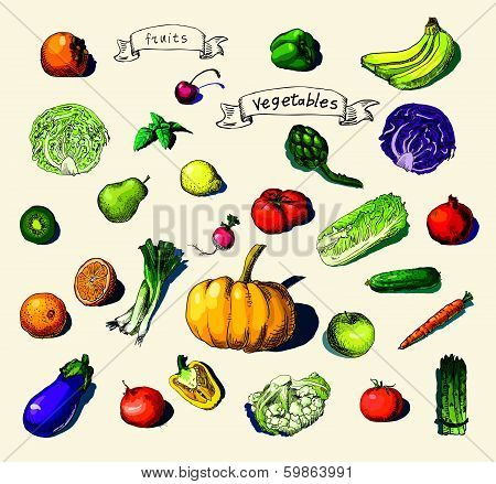 hand-painted vegetables, fruits