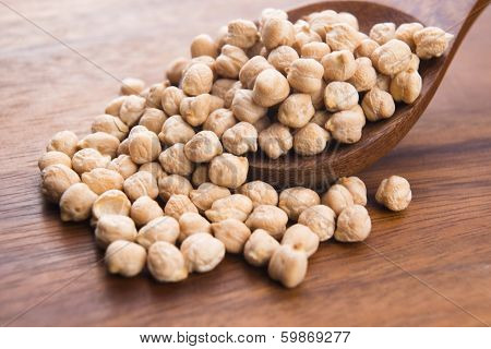 Dried White Chickpeas Ceci On The Wooden Spoon