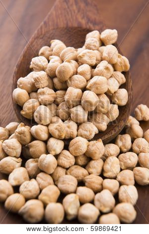 Dried White Chickpeas Ceci On The Wooden Spoon