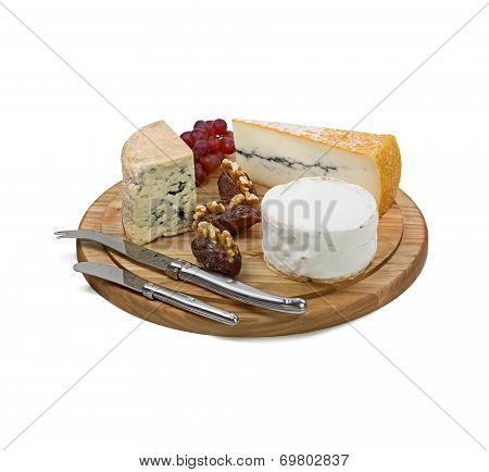 Cheese Board With Three Varieties Of French Cheese On White Background