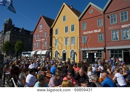 Cafe at Bryggen, Bergens landmark in Norway