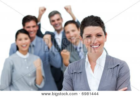 Cheerful Business Partners Punching The Air In Celebration