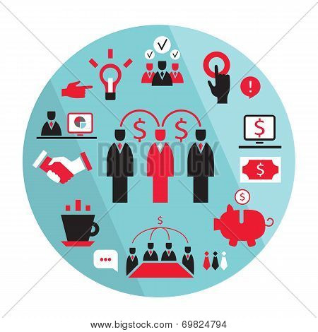 Flat Business Elements Partnership Money Earning Success Concept