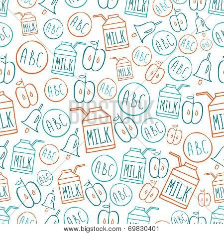 Back To School Seamless Pattern With Symbols Alphabet Milk Pack Bell And Apple