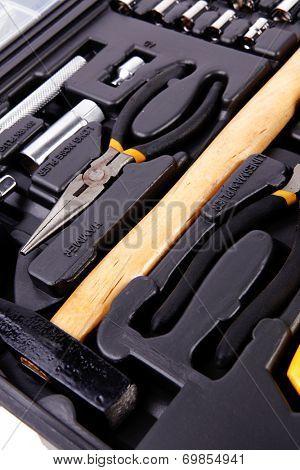 toolbox set of tools include hammer wrench bit driver pliers hex key bush level hex key