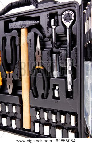 toolbox set of tools include hammer wrench bit driver pliers hex key bush level hex key