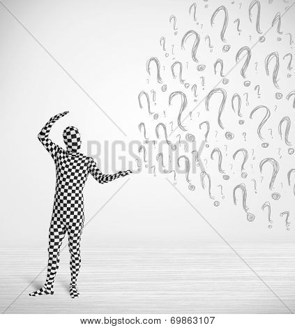 3d human character is body suit morphsuit looking at hand drawn question marks
