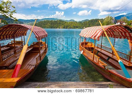 Traditional wooden boats on lake Bled, Slovenia.