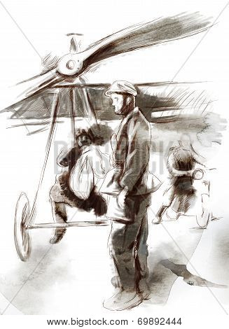 At The Airport - Postal Plane With A Pilot And Soldier