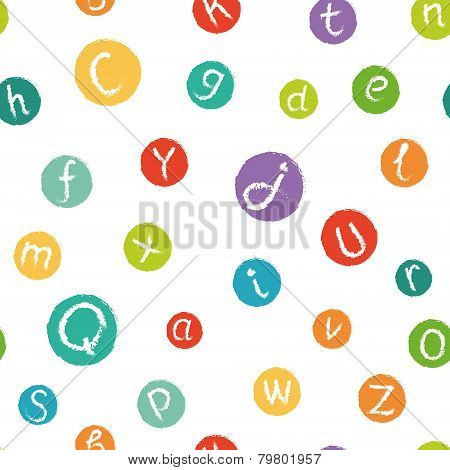 Seamless pattern - funny english alphabet. Hand drawn chalk like letters in colorful circles.