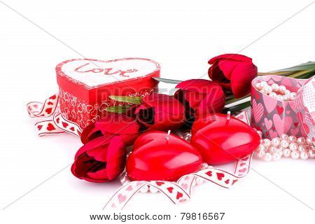 Red Heart Candles, Tulips, Necklaces And Gift Boxes