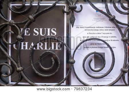 KRAKOW, POLAND - JAN 11, 2015: Action near the facade of the Consulate General of France in Krakow solidarity for the victims of the Charlie Hebdo attacks in Paris.