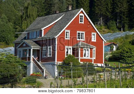 classical red scandinavian house near Hardangerfjord, Norway