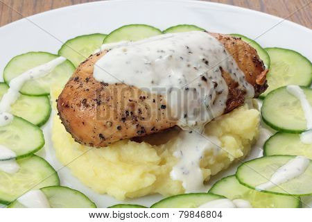 Chicken fillet and mashed potatoes.