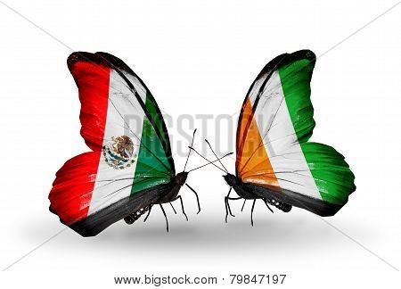 Two Butterflies With Flags On Wings As Symbol Of Relations Mexico And Cote Divoire