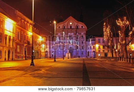Congress square & Ursuline church, decorated for Christmas and New Year's holidays, Ljubljana, Slove