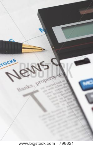Aktien, Nachrichten, Stift, Rechner, Banken, Eigenschaft-Schlagzeilen