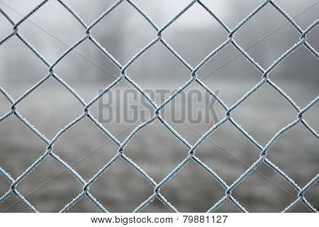 Frozen wire fence in winter frost