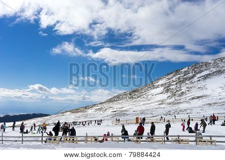 Skiers Enjoy The Snow At Kaimaktsalan Ski Center, In Greece. Recently At The Ski Center Every Lift H