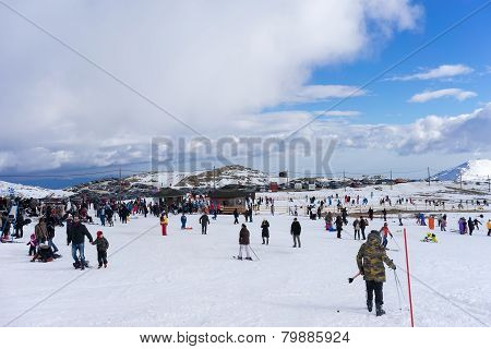 Skiers Enjoy The Snow At Kaimaktsalan Ski Center, In Greece. Recently At The Ski Center Every Lift H