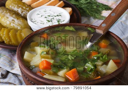 Rassolnik Soup With Cucumber Closeup On The Table. Horizontal