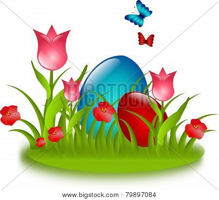 Red And Blue Eggs In Grass With Flower And Butteflies