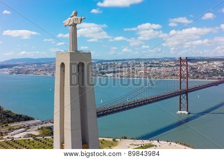 Aerial View Jesus Christ Monument Watching To Lisbon City In Portugal