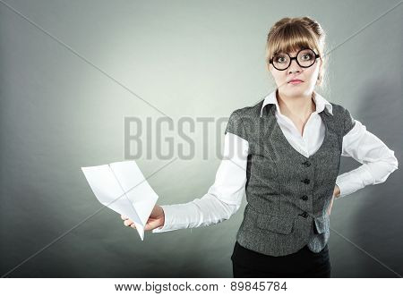 Fly Fear. Woman Holding Airplane In Hand.