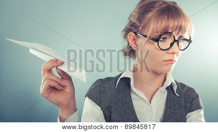 Fly Fear. Woman Holding Airplane In Hand.