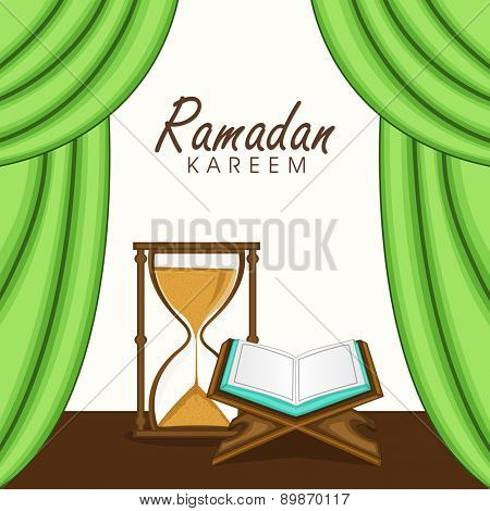 Open holy islamic book Quran Shareef with send clock for holy month of muslim community, Ramadan Kareem celebration.