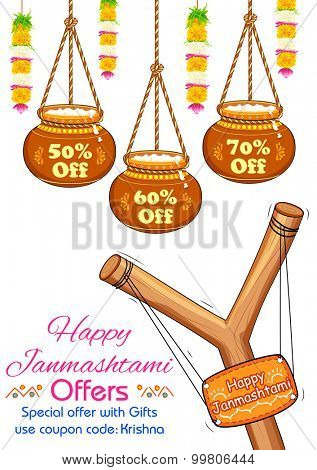 illustration of hanging dahi handi sale on Janmashtami background