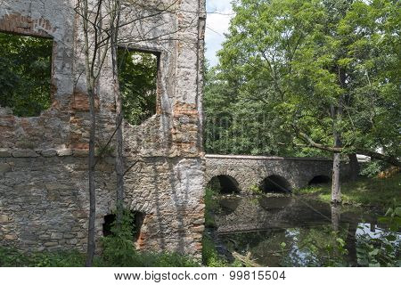The ruins of an ancient castle from XIV century in Pankow. Lower Silesia, Poland