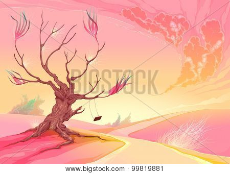 Romantic landscape with tree and sunset. Vector illustration