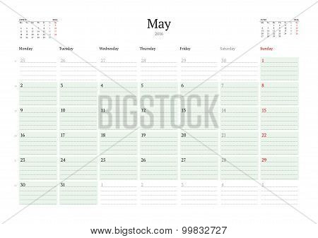 Monthly Calendar Planner 2016. Vector Print Template. May. Week Starts Monday