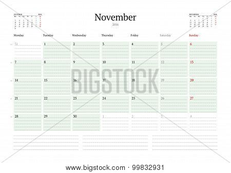 Monthly Calendar Planner 2016. Vector Print Template. November. Week Starts Monday