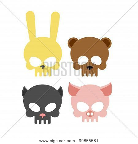 Cute Animal Skulls. Bear And Pig. Head Skeleton Rabbit And Cat. Vector Illustration Logo For Hallow