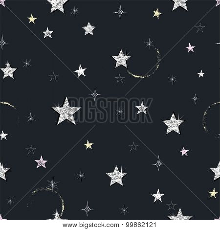Seamless Night background with hand-drawn and silver foil stars, abstraction vector illustration.