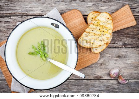 Homemade Cream Soup With Asparagus And Toasted Ciabatta