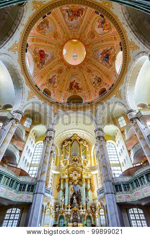 DRESDEN GERMANY - 9 AUGUST 2015: The interior of the Frauenkirche cathedral in Dresden Germany. Frauenkirche was completed in 1743 and is one of the most popular attractions in the city.
