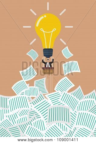 Businessman On Lightbulb Balloon Get Away From A Lot Of Documents
